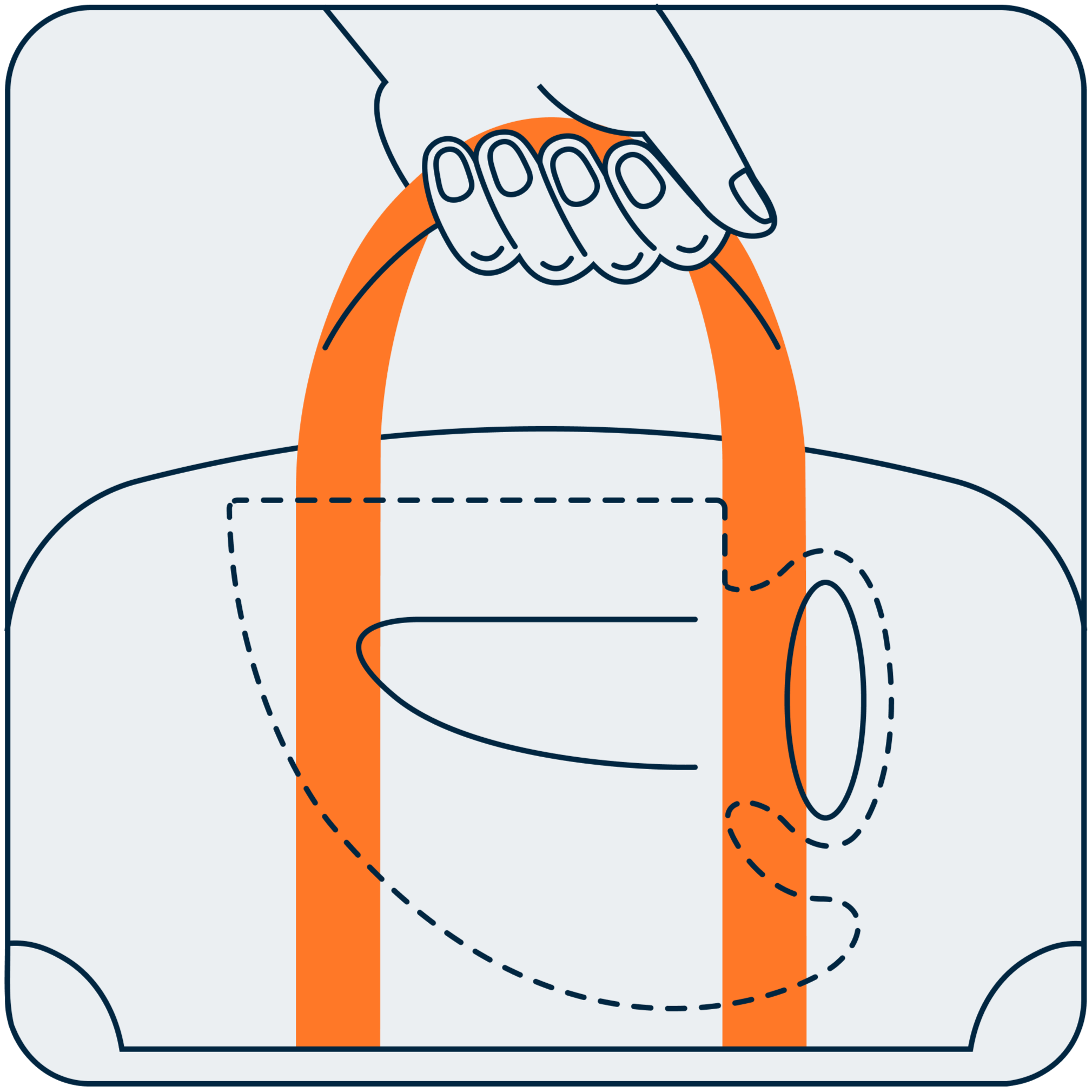 Illustration of a hand holding an orange handle over a bag outline.