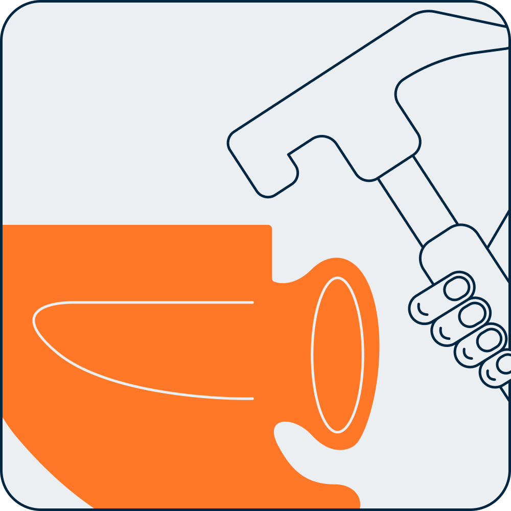 Illustration of a hand holding a hammer above an orange object on a white background