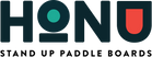 Logo of HONU Stand Up Paddle Boards with a teal and red design on a black background