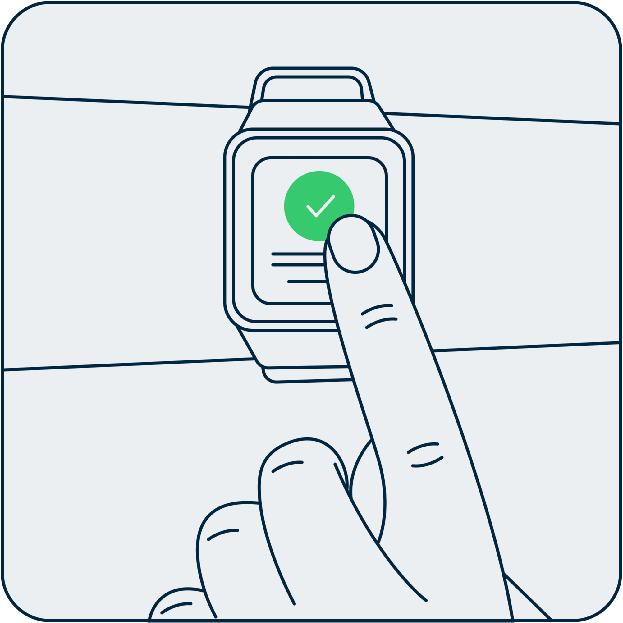 Illustration of a hand pressing a green check mark on a digital interface