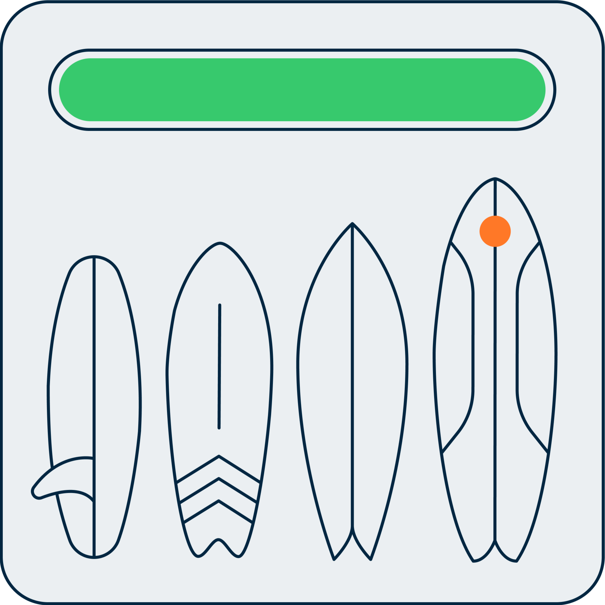 Four surfboard designs with a green bar above them on a white background